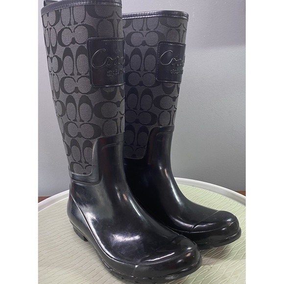 Coach Women's Signature C Rain Rubber boots Black W/Gray Size 7 designer‎ - Picture 1 of 14